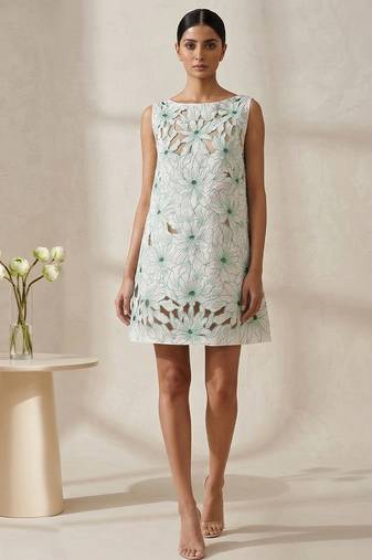 White green embroidered cotton dress