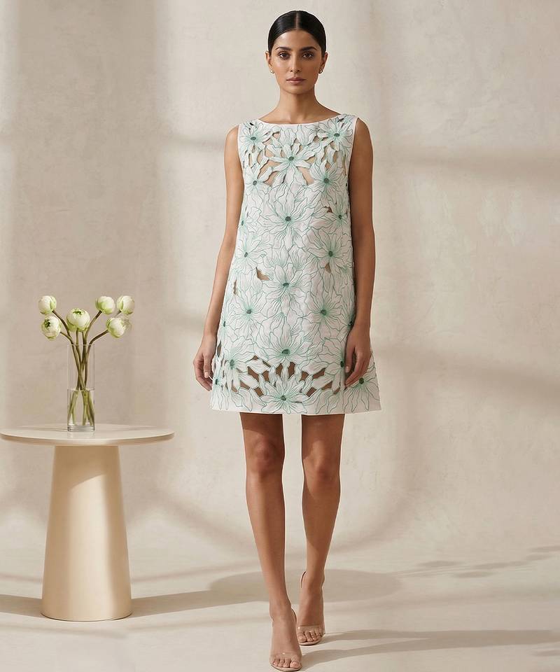 White green embroidered cotton dress
