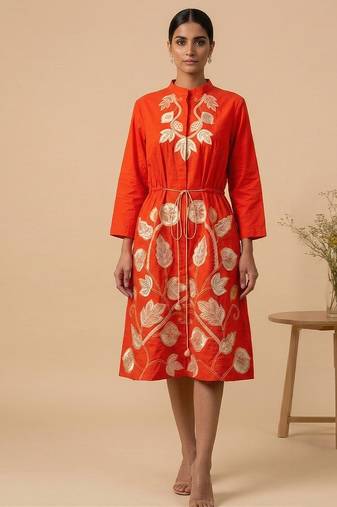 Orange embroidered cotton satin dress
