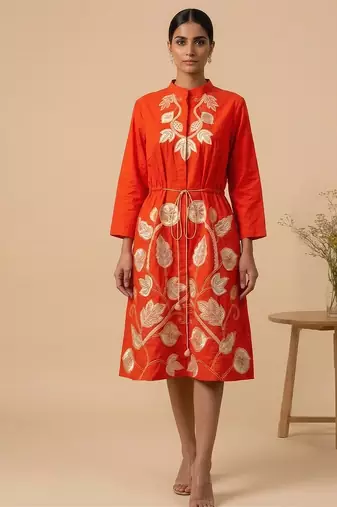 Orange embroidered cotton satin dress