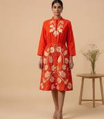 Orange embroidered cotton satin dress