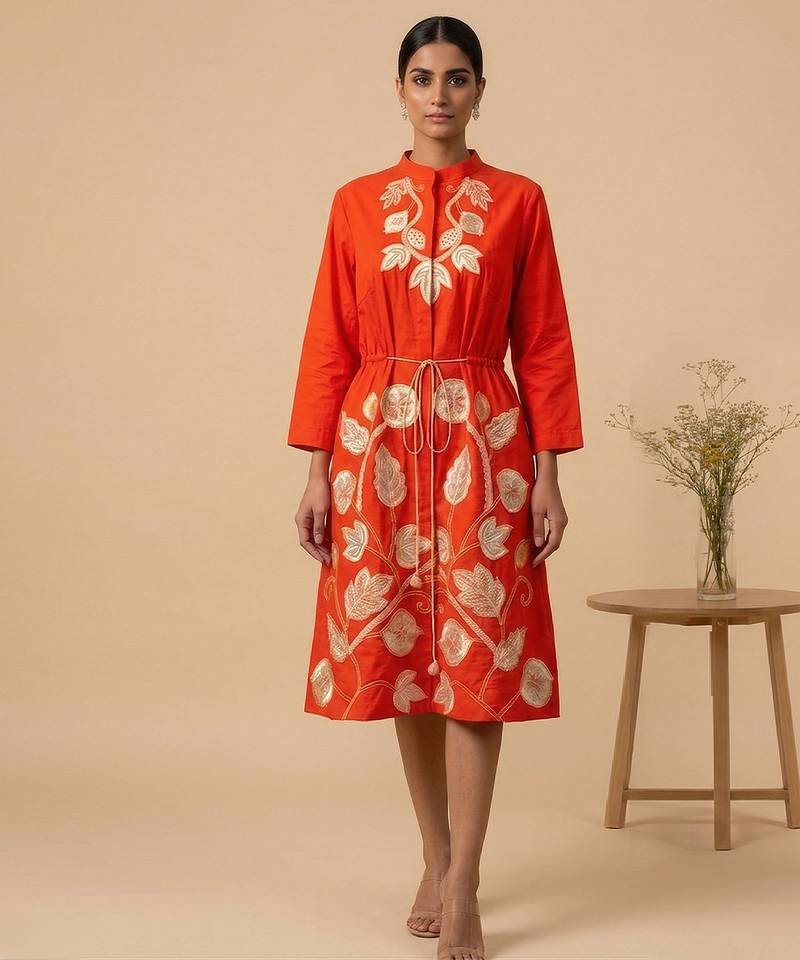 Orange embroidered cotton satin dress