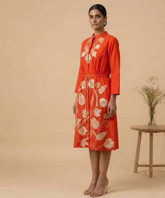 Orange embroidered cotton satin dress 2