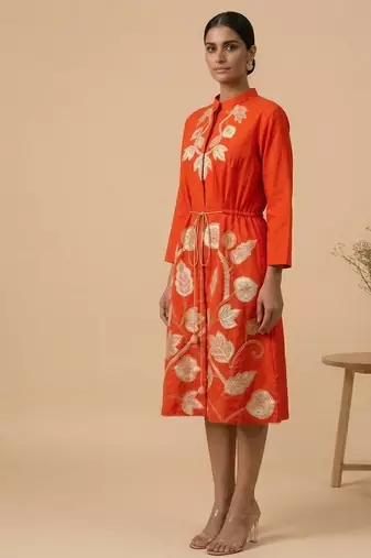 Orange embroidered cotton satin dress