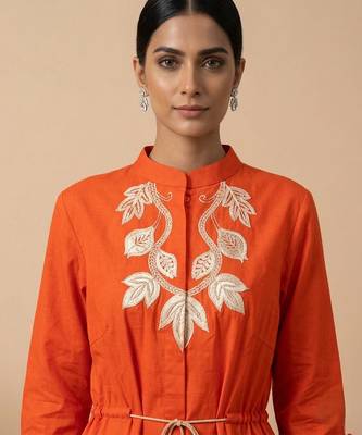 Orange embroidered cotton satin dress 4