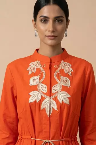 Orange embroidered cotton satin dress