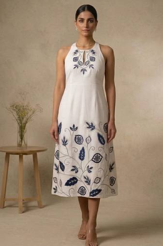White embroidered cotton satin dress