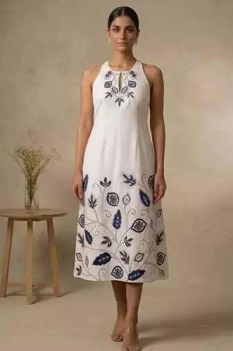 White embroidered cotton satin dress