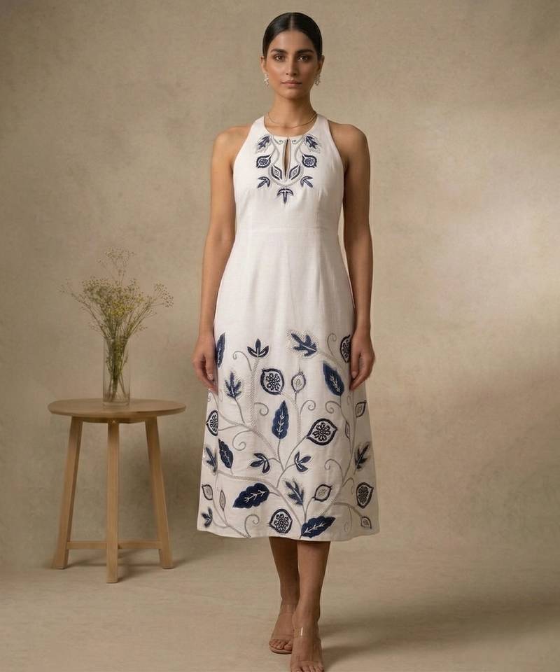 White embroidered cotton satin dress