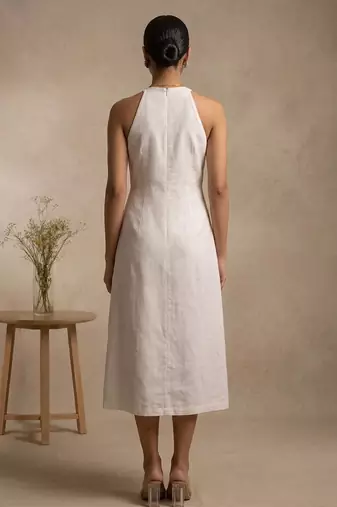 White embroidered cotton satin dress