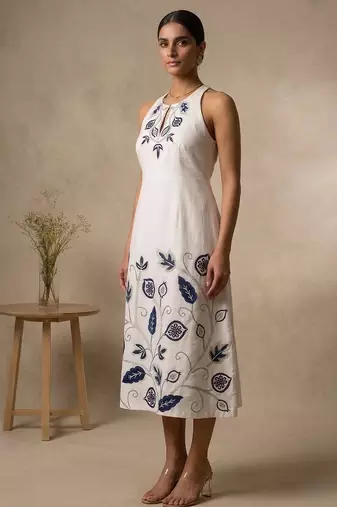 White embroidered cotton satin dress