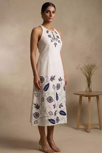 White embroidered cotton satin dress