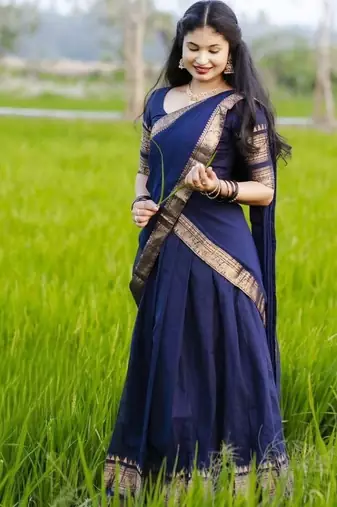 Navy Blue South Indian Festive Silk Lehenga Choli