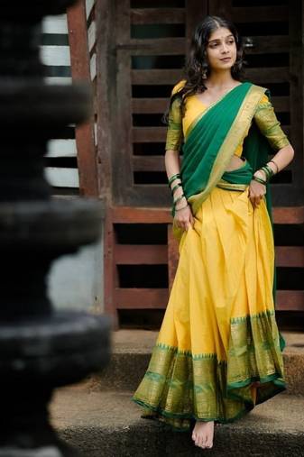 Lemon Yellow South Indian Festive Silk Lehenga Choli
