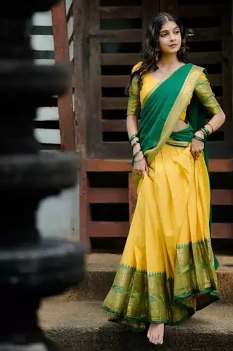 Lemon Yellow South Indian Festive Silk Lehenga Choli