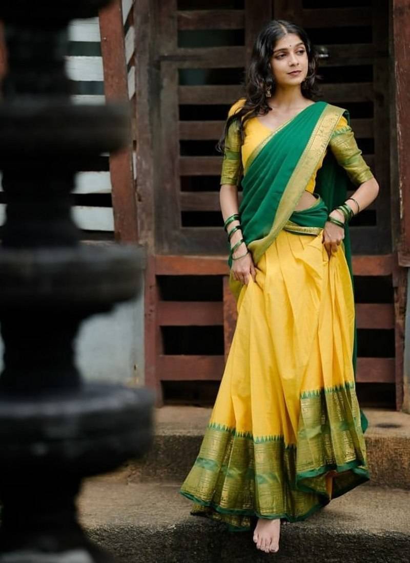 Lemon Yellow South Indian Festive Silk Lehenga Choli