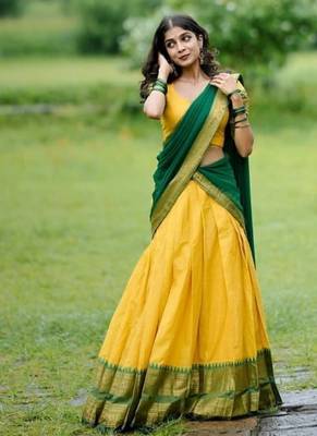 Lemon Yellow South Indian Festive Silk Lehenga Choli 3