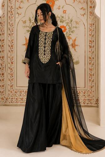 Natural satin farshi palazzo suit with sequins embroidery & organza dupatta