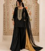 Natural satin farshi palazzo suit with sequins embroidery & organza dupatta