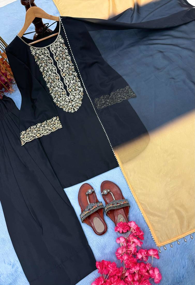 Natural satin farshi palazzo suit with sequins embroidery & organza dupatta