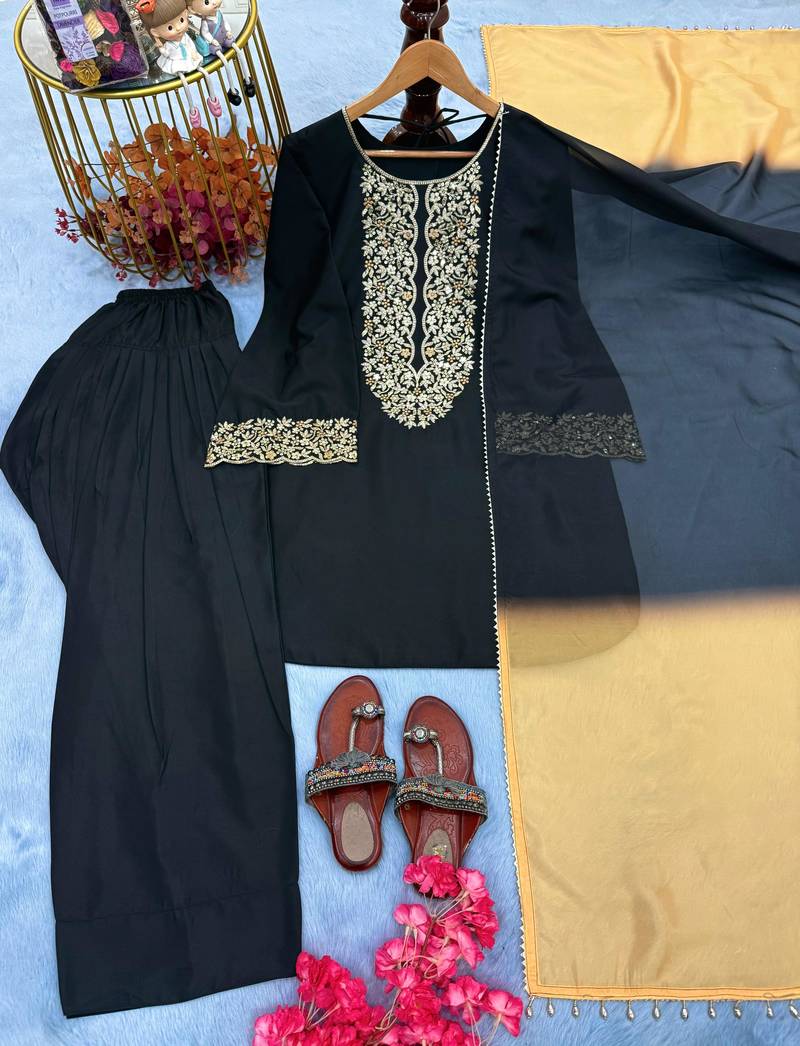 Natural satin farshi palazzo suit with sequins embroidery & organza dupatta