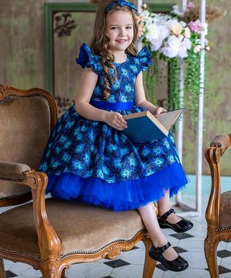 Royal blue peacock print net fit & flare kids dress 1