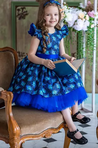 Royal blue peacock print net fit & flare kids dress