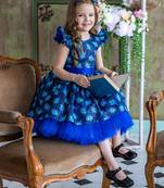 Royal blue peacock print net fit & flare kids dress