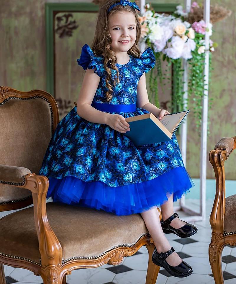 Royal blue peacock print net fit & flare kids dress