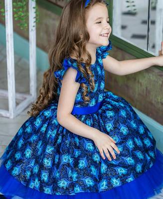 Royal blue peacock print net fit & flare kids dress 3