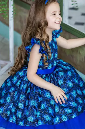 Royal blue peacock print net fit & flare kids dress