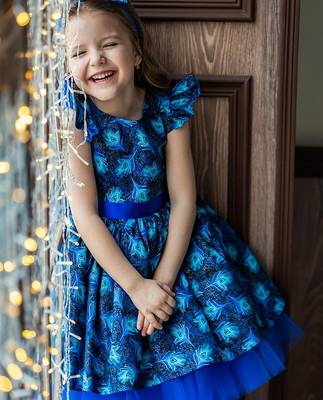 Royal blue peacock print net fit & flare kids dress 4