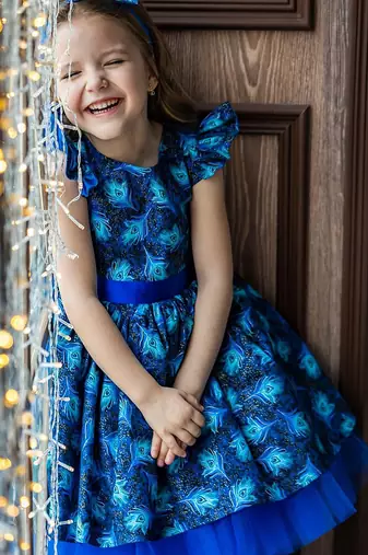 Royal blue peacock print net fit & flare kids dress