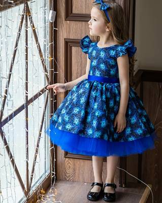 Royal blue peacock print net fit & flare kids dress 5