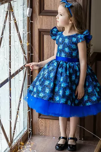 Royal blue peacock print net fit & flare kids dress