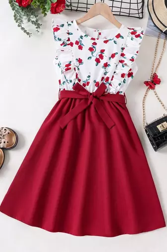 Maroon floral print cotton blend fit & flare girls dress