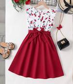 Maroon floral print cotton blend fit & flare girls dress
