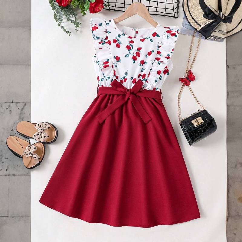 Maroon floral print cotton blend fit & flare girls dress