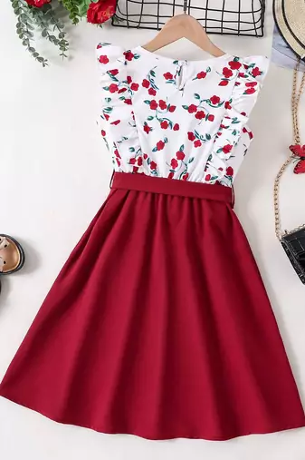 Maroon floral print cotton blend fit & flare girls dress