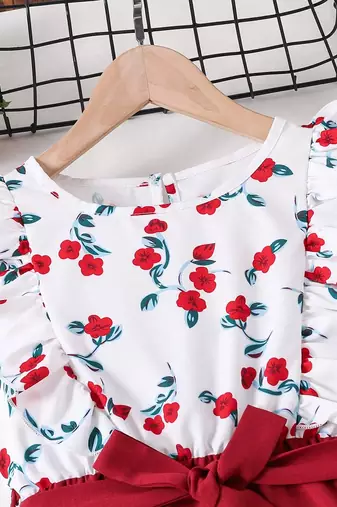Maroon floral print cotton blend fit & flare girls dress