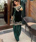 Teal blue velvet embroidered kurta set