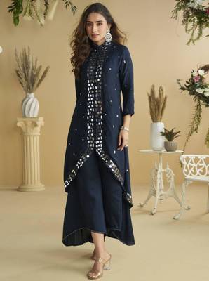 Blue silk cotton mirror salwaar kameez set 1