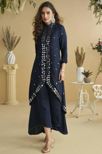 Blue silk cotton mirror salwaar kameez set