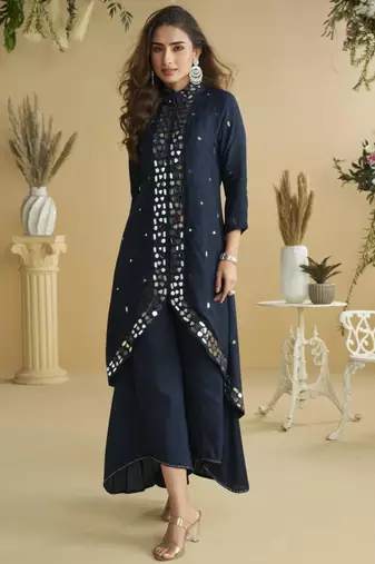 Blue silk cotton mirror salwaar kameez set