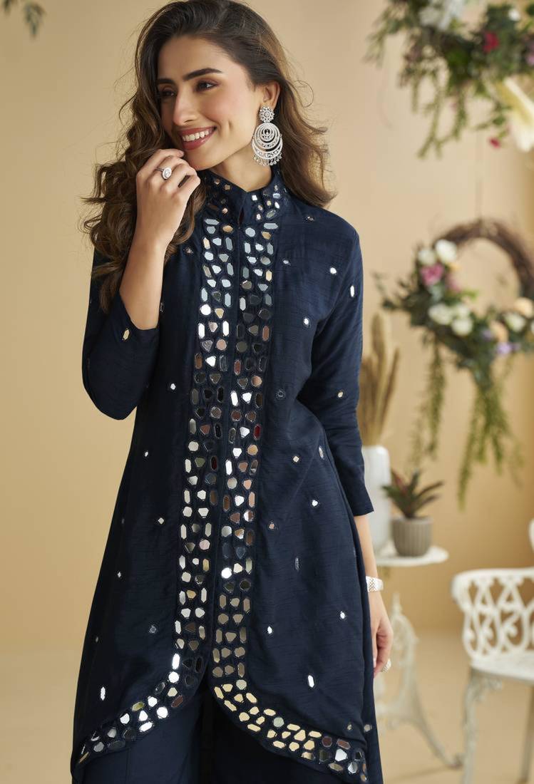 Blue silk cotton mirror salwaar kameez set
