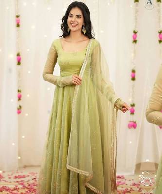 Light green silk blend embroidered salwaar kameez set 1