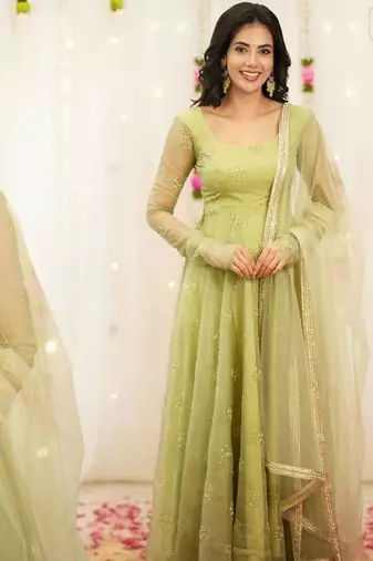 Light green silk blend embroidered salwaar kameez set