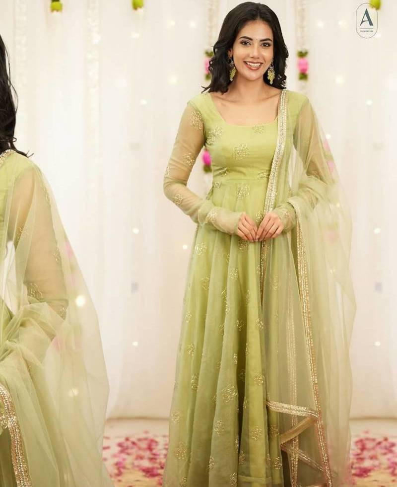 Light green silk blend embroidered salwaar kameez set