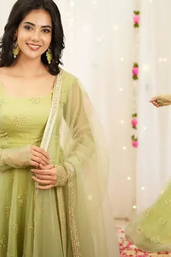 Light green silk blend embroidered salwaar kameez set