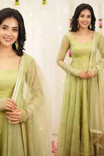 Light green silk blend embroidered salwaar kameez set